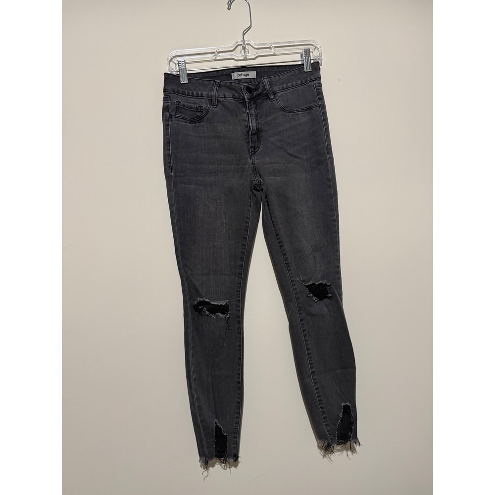 Refuge Womens Gray Distressed Skinny Jeans Size 6 Raw Hem Ripped Knee Stretch